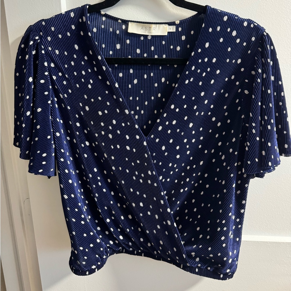 ASTR Navy Polka Dot Wrap Top